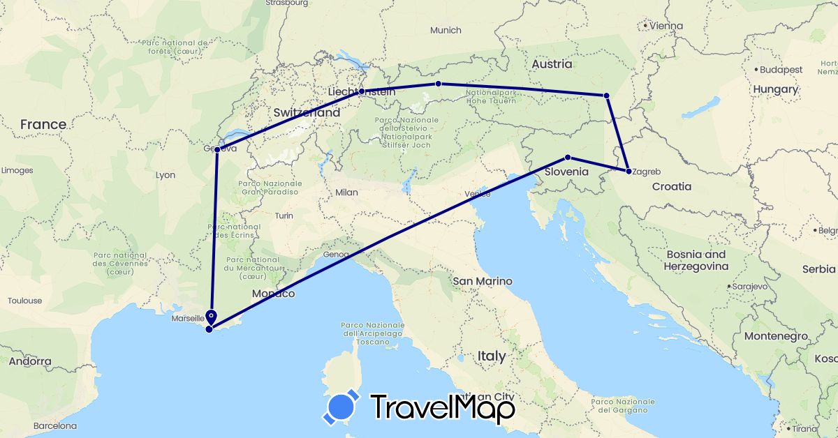 TravelMap itinerary: driving in Austria, Switzerland, France, Croatia, Liechtenstein, Slovenia (Europe)